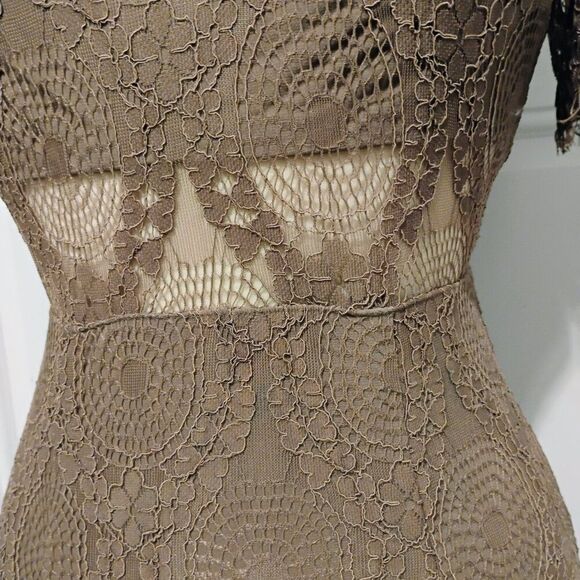 L'atiste Dress Victorian Lace Romantic Stretchy Sheer Panels Brown Mauve Tan S - Picture 6 of 14
